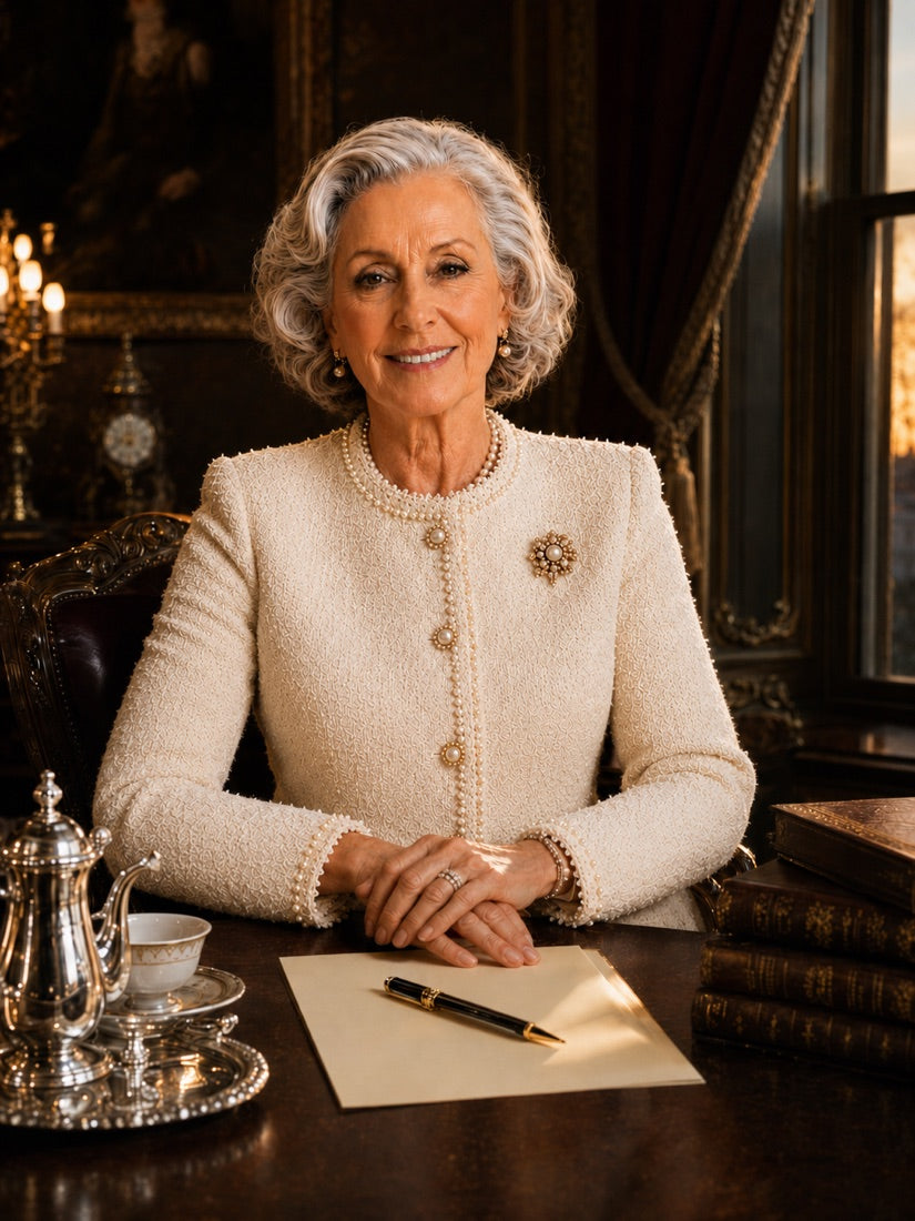 Lady Evelyn at her writing table, the Mayfair Method beside her