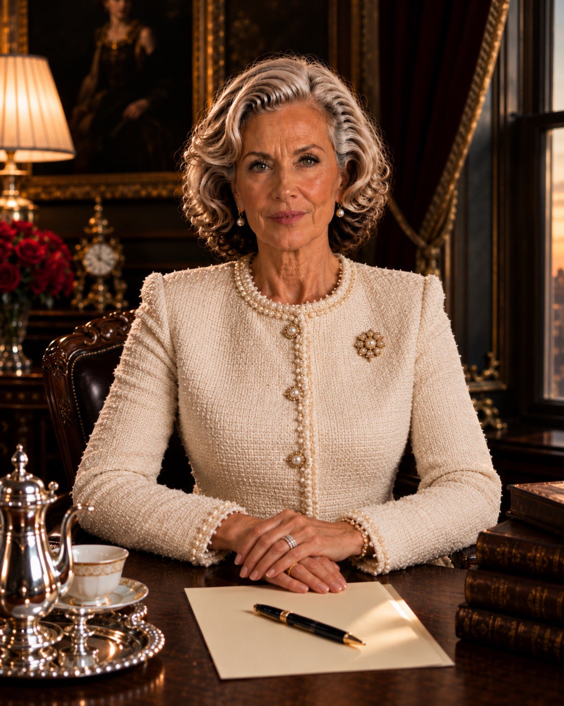 Lady Evelyn at her writing table, the Mayfair Method beside her